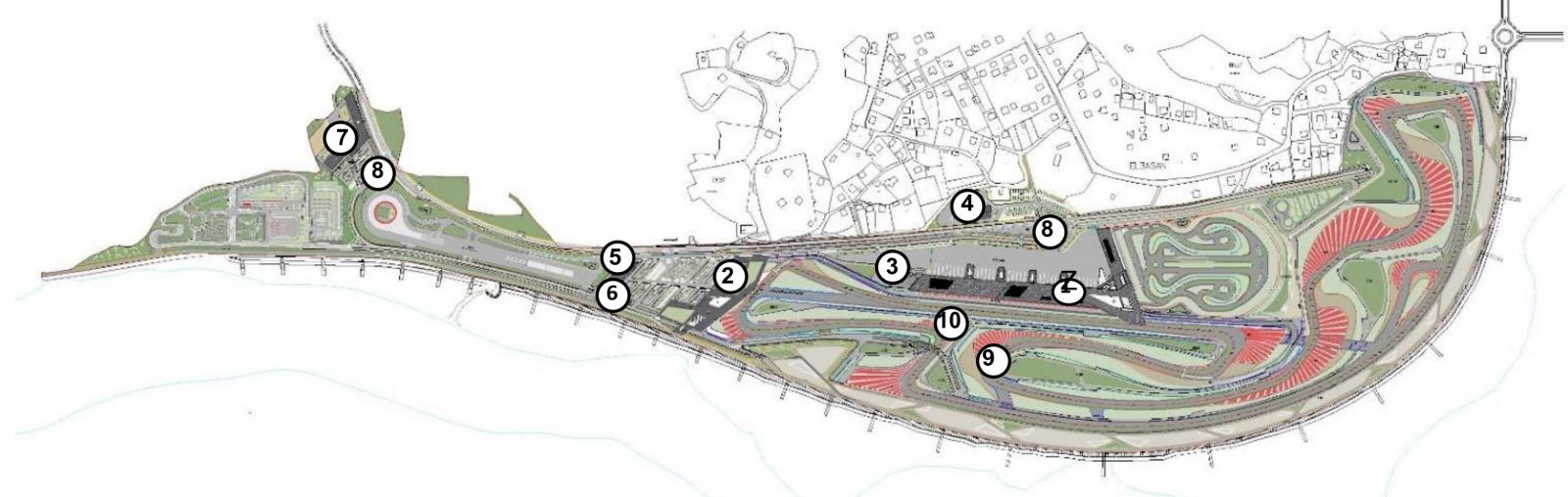 Az elbasani Auto Moto Park multifunkcionlis komplexumnak rszletes terve, a f versenyplyval, a gokart- s vezetstechnikai plykkal.