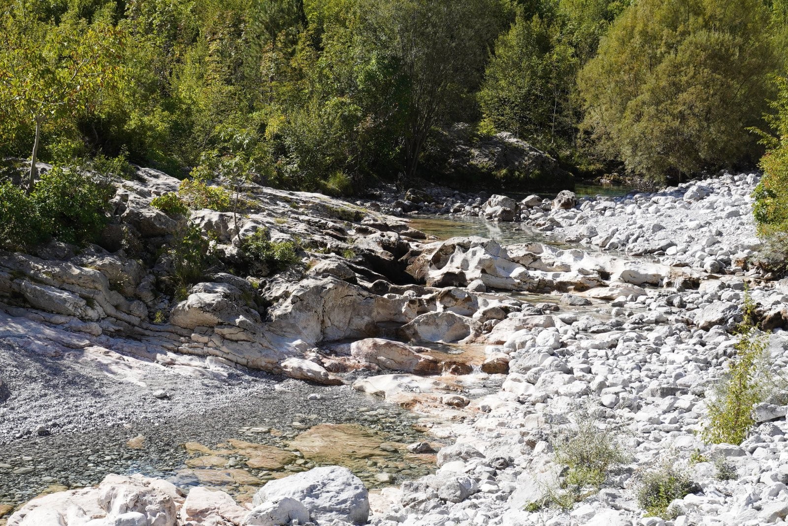 T�ra Blue Eye Theth Alb�nia - a forr�shoz vezet� �sv�ny a v�lgyben kezd�dik, balr�l a m�szk� �led�kbe v�jt patak mellet haladunk v�gig